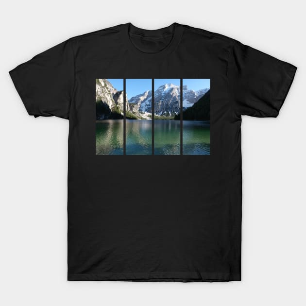 The fabulous alpine lake of Braies in the Dolomites (Bolzano). Lovely place in the Italian Alps. Boats on the water. Reflections in the water. Sunny spring day. Trentino Alto Adige T-Shirt by fabbroni-art